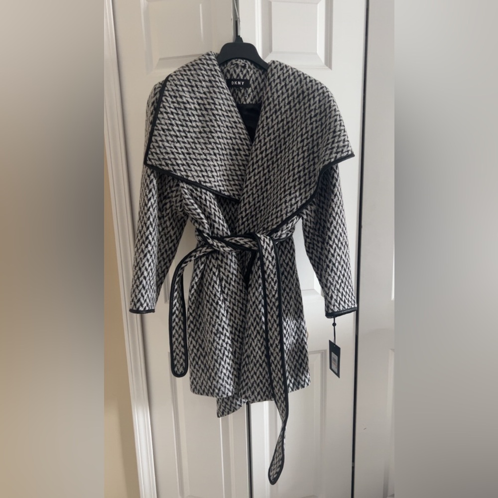 DKNY Faux-Leather-Trim Textured Wrap Coat